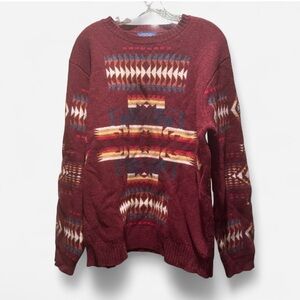 Burgundy Pendleton Wool Crewneck Sweater with Southwestern Pattern